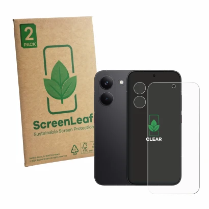 Face avant d’un emballage produit avec le logo de la marque ScreenLeaf. À côté, l’appareil Xiaomi Poco X8 Pro Iron Man Edition