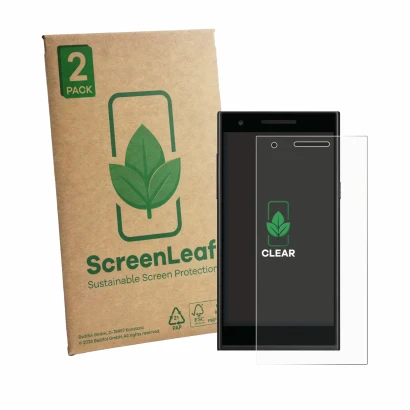 Face avant d’un emballage produit avec le logo de la marque ScreenLeaf. À côté, l’appareil Philips S396 est représenté avec la