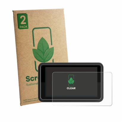 Face avant d’un emballage produit avec le logo de la marque ScreenLeaf. À côté, l’appareil Atomos Ninja TX GO 5" est représent