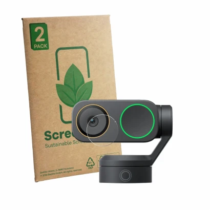 Face avant d’un emballage produit avec le logo de la marque ScreenLeaf. À côté, l’appareil Insta360 Link 2 Pro (Lentille) est 
