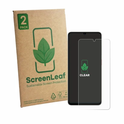 Face avant d’un emballage produit avec le logo de la marque ScreenLeaf. À côté, l’appareil ZTE Blade A56 est représenté avec l
