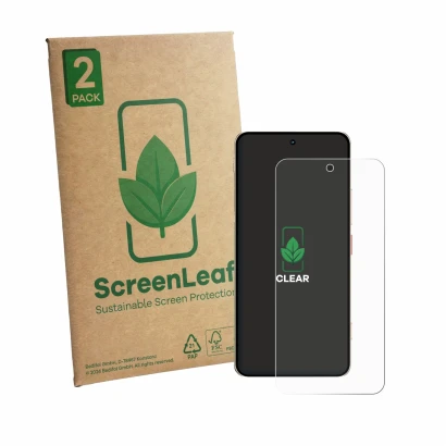 Face avant d’un emballage produit avec le logo de la marque ScreenLeaf. À côté, l’appareil ZTE Nubia Focus 2 Ultra est représe