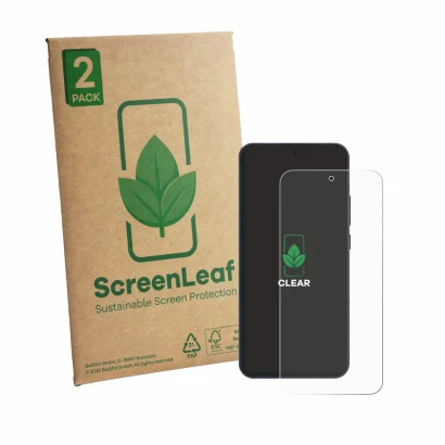 Face avant d’un emballage produit avec le logo de la marque ScreenLeaf. À côté, l’appareil Oppo Reno 13 est représenté avec la