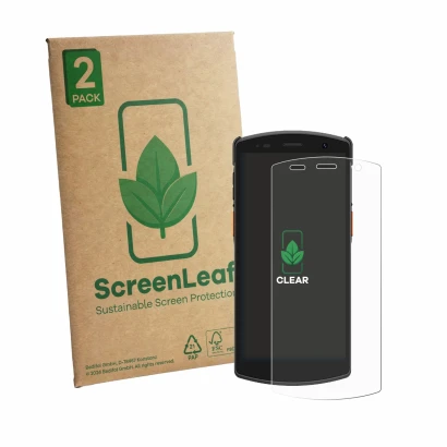 Face avant d’un emballage produit avec le logo de la marque ScreenLeaf. À côté, l’appareil Urovo CT58S est représenté avec la 