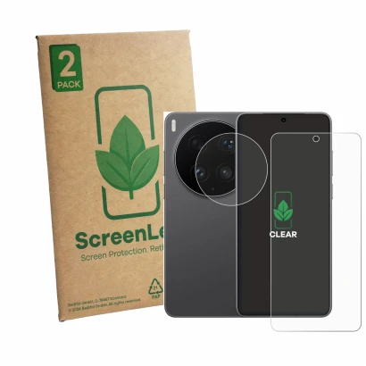 Face avant d’un emballage produit avec le logo de la marque ScreenLeaf. À côté, l’appareil Vivo X300 Ultra (Avant+Caméra) est 