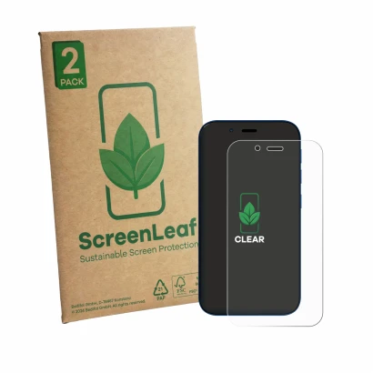 Face avant d’un emballage produit avec le logo de la marque ScreenLeaf. À côté, l’appareil Hisense U964 est représenté avec la