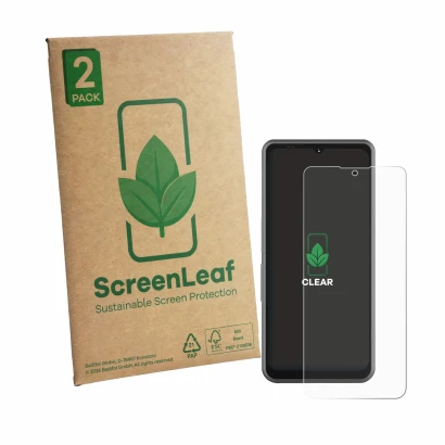 Face avant d’un emballage produit avec le logo de la marque ScreenLeaf. À côté, l’appareil Sonim XP Pro E est représenté avec 