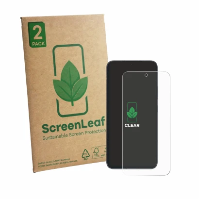 Face avant d’un emballage produit avec le logo de la marque ScreenLeaf. À côté, l’appareil Honor Power 2 est représenté avec l