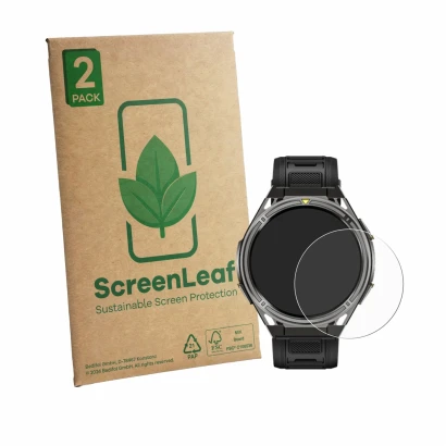 Face avant d’un emballage produit avec le logo de la marque ScreenLeaf. À côté, l’appareil Cubot GT5 est représenté avec la pr