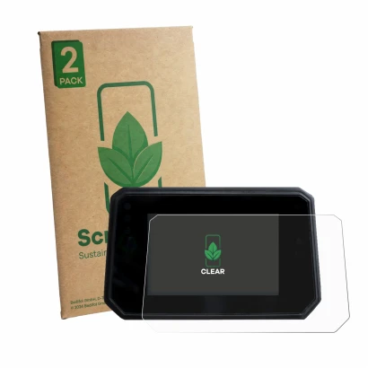 Face avant d’un emballage produit avec le logo de la marque ScreenLeaf. À côté, l’appareil Yamaha Tracer 9 2025 est représenté
