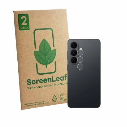 Face avant d’un emballage produit avec le logo de la marque ScreenLeaf. À côté, l’appareil Samsung Galaxy S26 Enterprise Editi