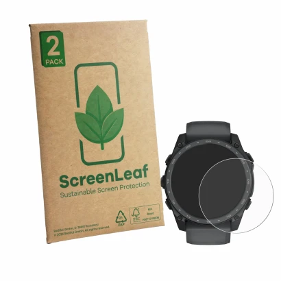 Face avant d’un emballage produit avec le logo de la marque ScreenLeaf. À côté, l’appareil Garmin Tactix 8 Amoled Cerakote (51