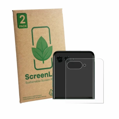 Face avant d’un emballage produit avec le logo de la marque ScreenLeaf. À côté, l’appareil Motorola Razr 70 Plus (Affichage ar