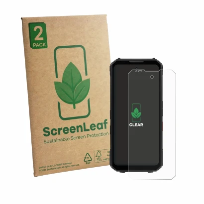 Face avant d’un emballage produit avec le logo de la marque ScreenLeaf. À côté, l’appareil Doogee V Max LR est représenté avec