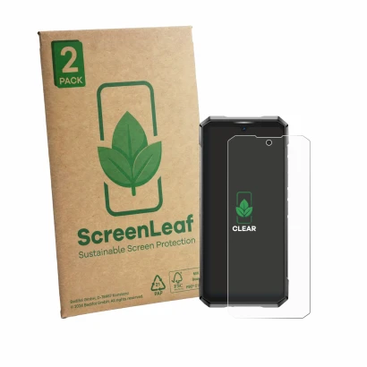 Face avant d’un emballage produit avec le logo de la marque ScreenLeaf. À côté, l’appareil Doogee S200 Ultra est représenté av