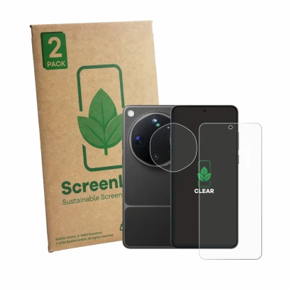 Face avant d’un emballage produit avec le logo de la marque ScreenLeaf. À côté, l’appareil Oppo Find X9 Ultra (Avant+Caméra) e
