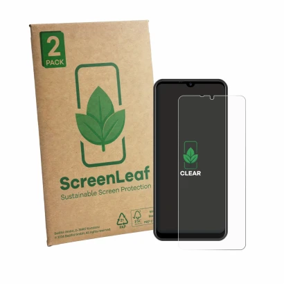 Face avant d’un emballage produit avec le logo de la marque ScreenLeaf. À côté, l’appareil Invens NOTE TK02 est représenté ave
