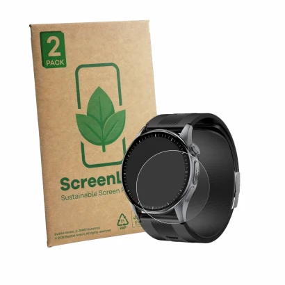 Face avant d’un emballage produit avec le logo de la marque ScreenLeaf. À côté, l’appareil Knauermann Pro 4 AIR (rond) est rep