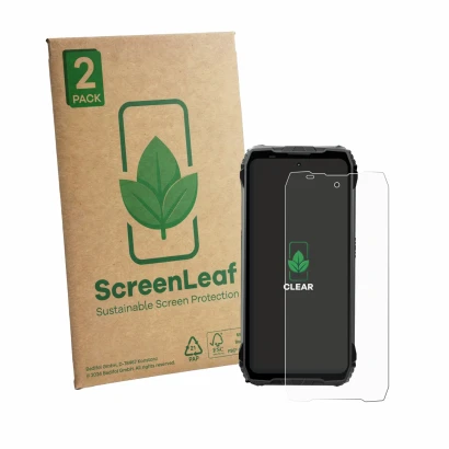 Face avant d’un emballage produit avec le logo de la marque ScreenLeaf. À côté, l’appareil Blackview Fort 200 est représenté a