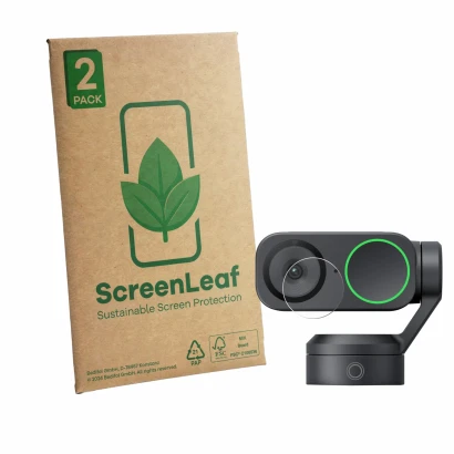 Face avant d’un emballage produit avec le logo de la marque ScreenLeaf. À côté, l’appareil Insta360 Link 2 (Lentille) est repr