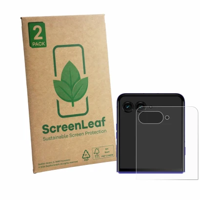 Face avant d’un emballage produit avec le logo de la marque ScreenLeaf. À côté, l’appareil Motorola Razr 70 Ultra (Affichage a