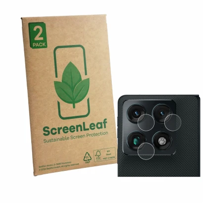 Face avant d’un emballage produit avec le logo de la marque ScreenLeaf. À côté, l’appareil Motorola Razr Fold (Caméra UNIQUEME