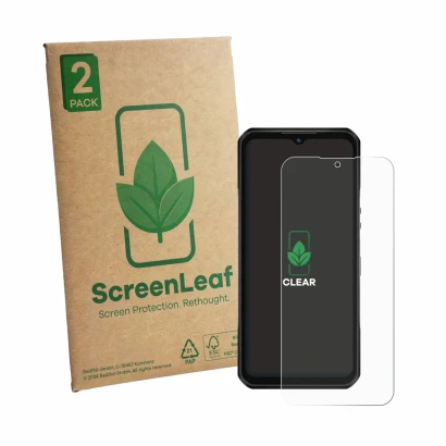 Face avant d’un emballage produit avec le logo de la marque ScreenLeaf. À côté, l’appareil Oukitel WP66 est représenté avec la