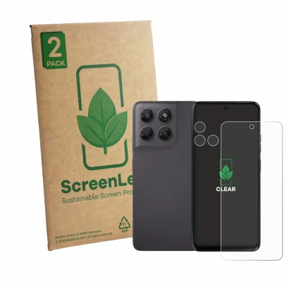 Face avant d’un emballage produit avec le logo de la marque ScreenLeaf. À côté, l’appareil Motorola Moto G47 (Avant+Caméra) es