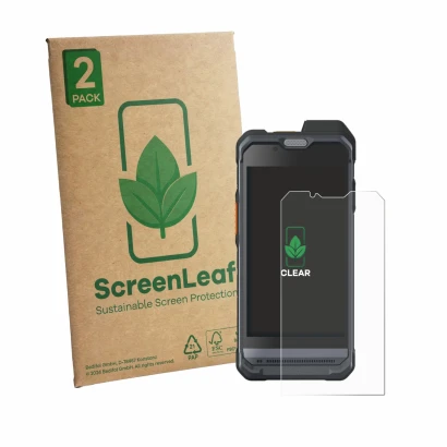 Face avant d’un emballage produit avec le logo de la marque ScreenLeaf. À côté, l’appareil Hytera PNC460 est représenté avec l