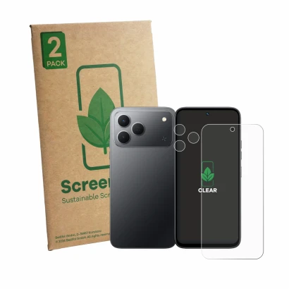 Face avant d’un emballage produit avec le logo de la marque ScreenLeaf. À côté, l’appareil Tecno Spark 50 4G (Avant+Caméra) es