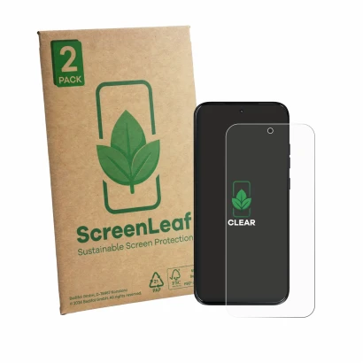 Face avant d’un emballage produit avec le logo de la marque ScreenLeaf. À côté, l’appareil Motorola Moto G Max est représenté 