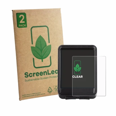 Face avant d’un emballage produit avec le logo de la marque ScreenLeaf. À côté, l’appareil OHFAMO IC321 est représenté avec la