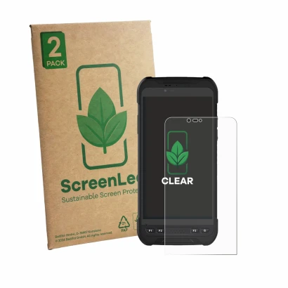 Face avant d’un emballage produit avec le logo de la marque ScreenLeaf. À côté, l’appareil Stonex S60 est représenté avec la p