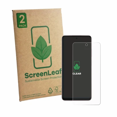Face avant d’un emballage produit avec le logo de la marque ScreenLeaf. À côté, l’appareil Oppo A5i Pro est représenté avec la
