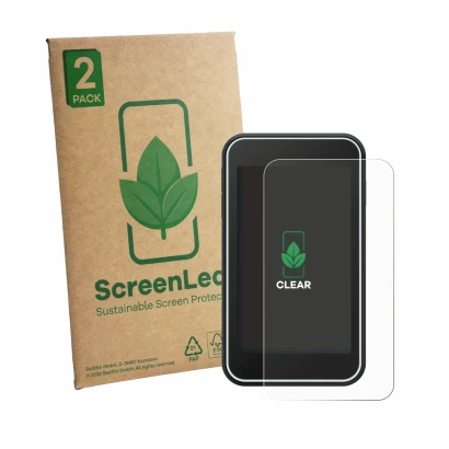 Face avant d’un emballage produit avec le logo de la marque ScreenLeaf. À côté, l’appareil Shot Scope H50 est représenté avec 
