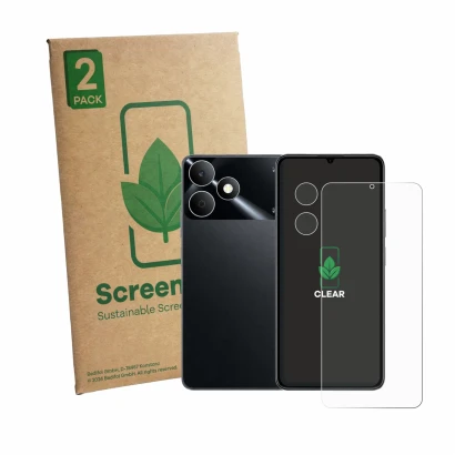 Face avant d’un emballage produit avec le logo de la marque ScreenLeaf. À côté, l’appareil realme Note 80 (Avant+Caméra) est r