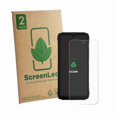 Face avant d’un emballage produit avec le logo de la marque ScreenLeaf. À côté, l’appareil Doogee Blade 10 Energy est représen