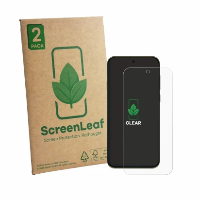 Face avant d’un emballage produit avec le logo de la marque ScreenLeaf. À côté, l’appareil Motorola Edge (2026) est représenté