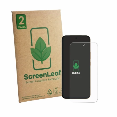 Face avant d’un emballage produit avec le logo de la marque ScreenLeaf. À côté, l’appareil OnePlus Turbo 6X Pro est représenté
