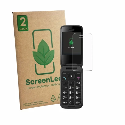 Face avant d’un emballage produit avec le logo de la marque ScreenLeaf. À côté, l’appareil Panasonic KX-TU410 est représenté a