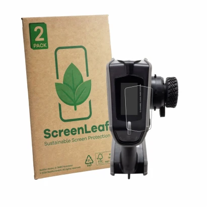 Face avant d’un emballage produit avec le logo de la marque ScreenLeaf. À côté, l’appareil Spektrum DX Rugged Plus est représe