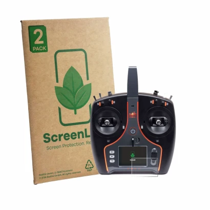 Face avant d’un emballage produit avec le logo de la marque ScreenLeaf. À côté, l’appareil Spektrum NX7e Plus est représenté a