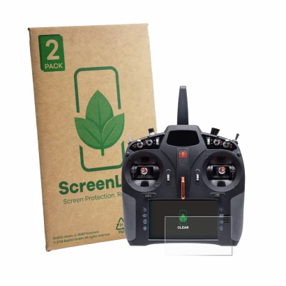 Face avant d’un emballage produit avec le logo de la marque ScreenLeaf. À côté, l’appareil Spektrum iX14 Plus est représenté a
