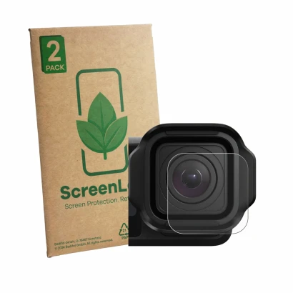 Face avant d’un emballage produit avec le logo de la marque ScreenLeaf. À côté, l’appareil GoPro Mission 1 Pro (Lentille) est 