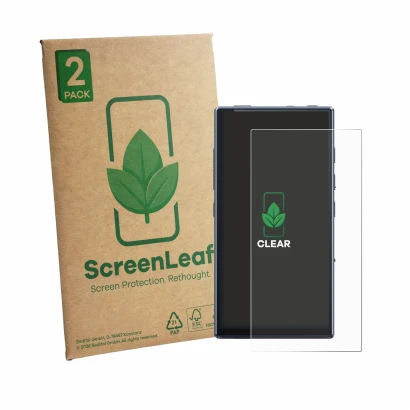 Face avant d’un emballage produit avec le logo de la marque ScreenLeaf. À côté, l’appareil FiiO M33 R2R est représenté avec la