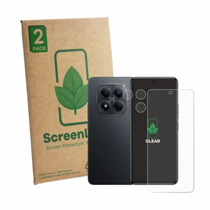 Face avant d’un emballage produit avec le logo de la marque ScreenLeaf. À côté, l’appareil Xiaomi Redmi Note 15 Pro 4G (Avant+