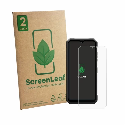 Face avant d’un emballage produit avec le logo de la marque ScreenLeaf. À côté, l’appareil Blackview Fort 2 est représenté ave
