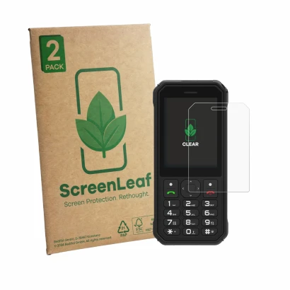 Face avant d’un emballage produit avec le logo de la marque ScreenLeaf. À côté, l’appareil AGM M11 est représenté avec la prot