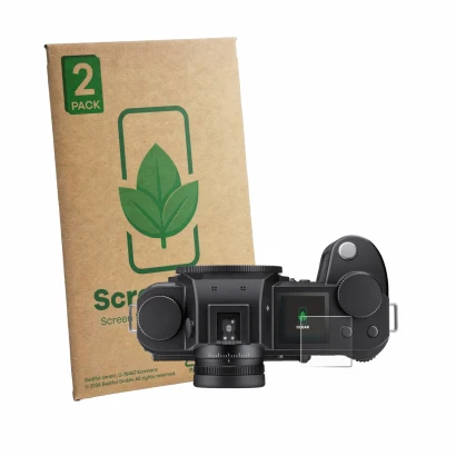 Face avant d’un emballage produit avec le logo de la marque ScreenLeaf. À côté, l’appareil Leica SL3-P (affichage des épaules)
