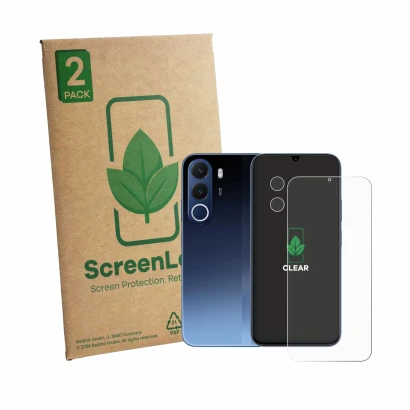 Face avant d’un emballage produit avec le logo de la marque ScreenLeaf. À côté, l’appareil realme C100x (Avant+Caméra) est rep